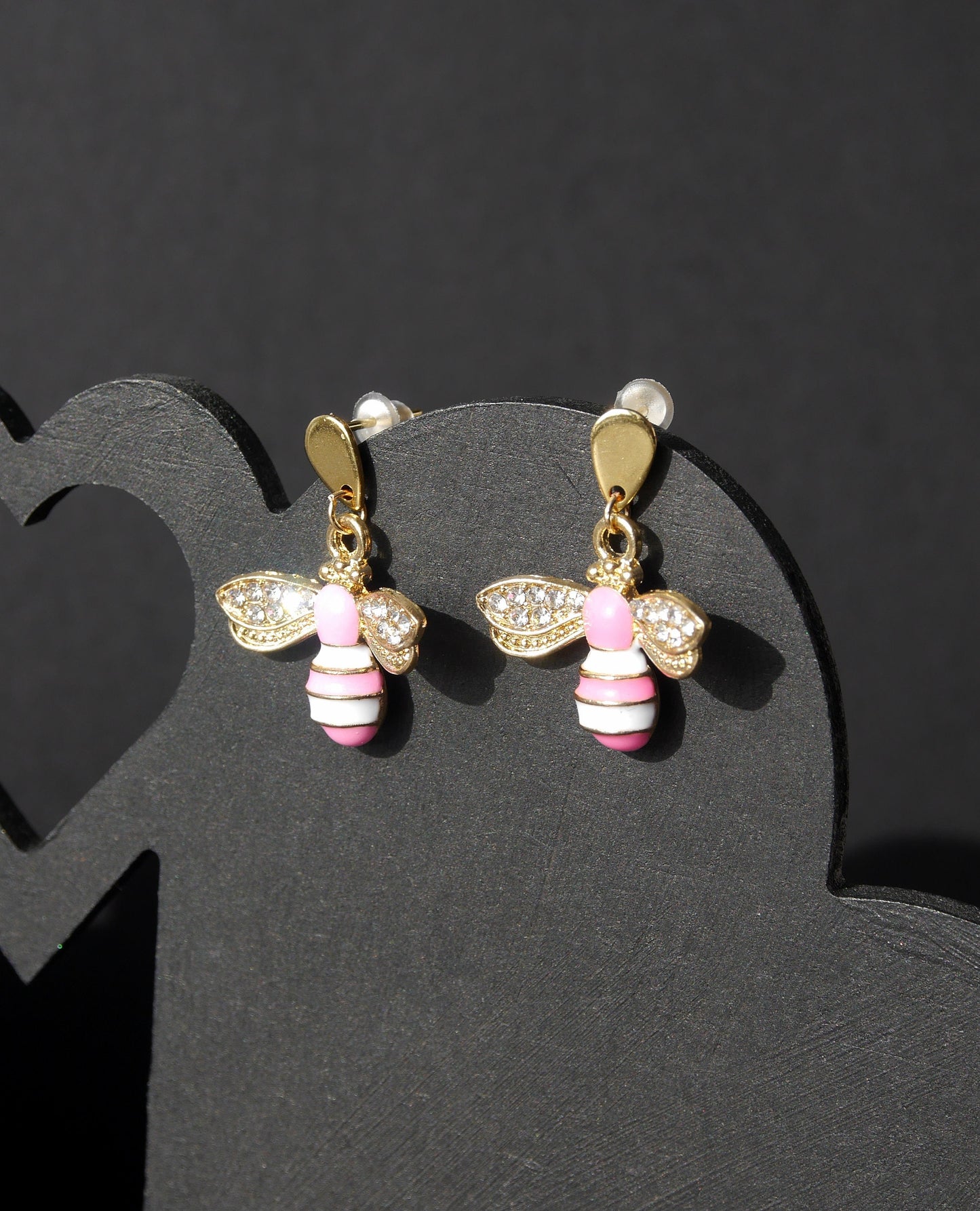 Stud Diamante Pink and Gold Honeybee Shaped Earrings