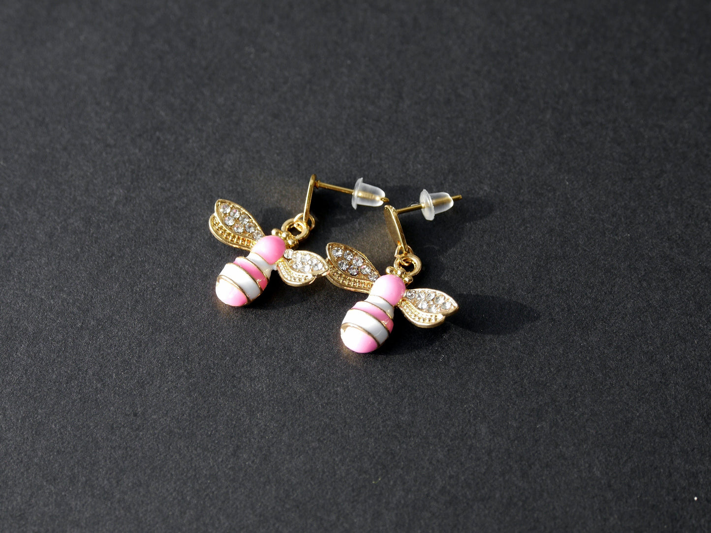 Stud Diamante Pink and Gold Honeybee Shaped Earrings
