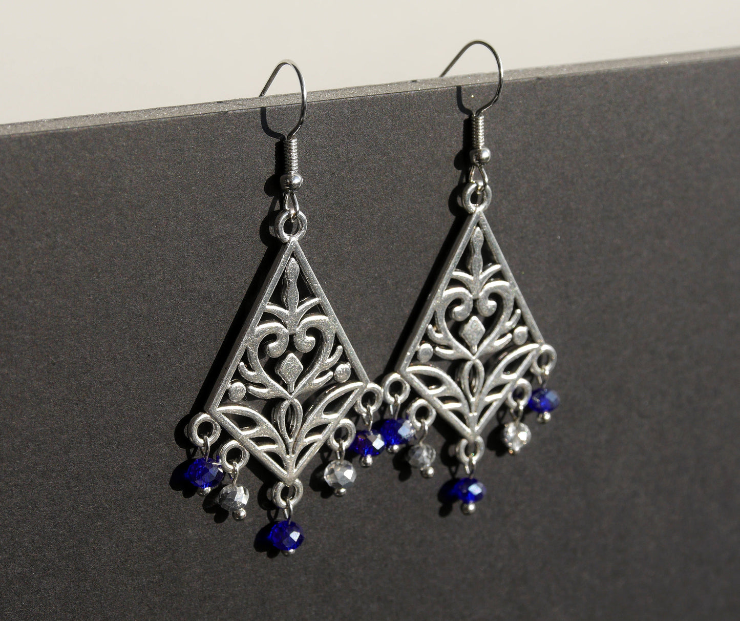 Silver and Navy Blue Filigree Earrings (Ear Hook, Stud and Clip On)
