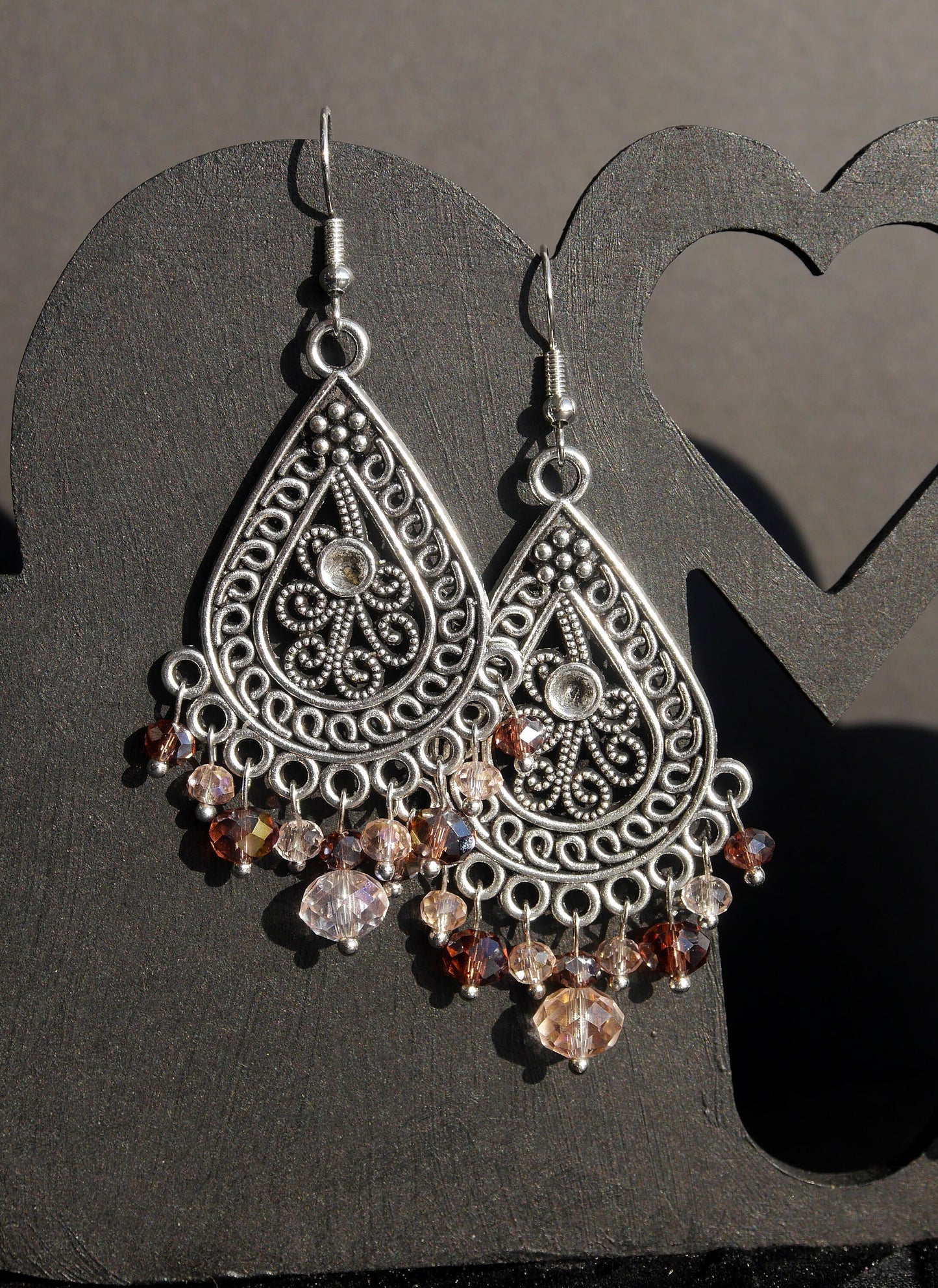 Silver Pink Statement Filigree Earrings (Ear Hook, Stud or Clip On)