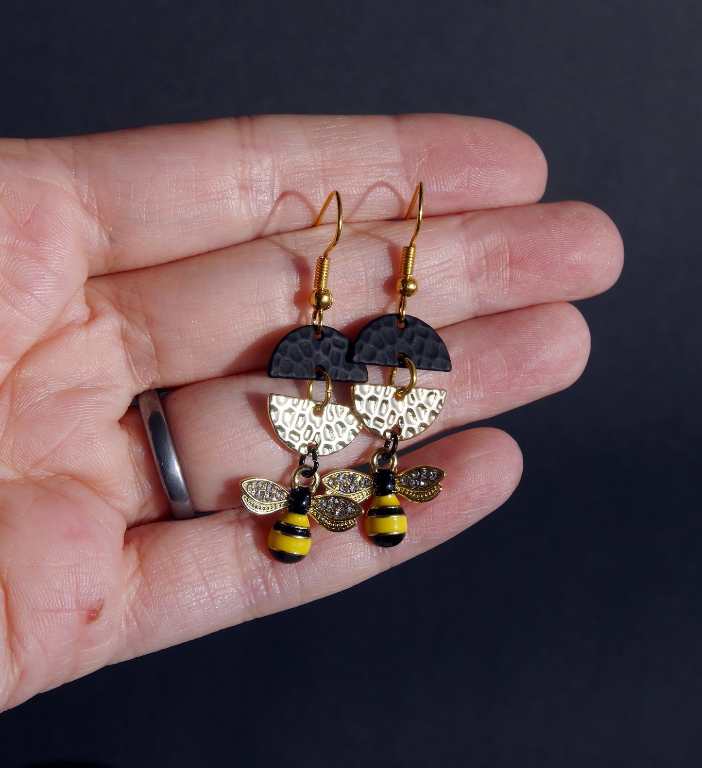 Black and Gold Tone Diamante Honeybee Shaped Earrings