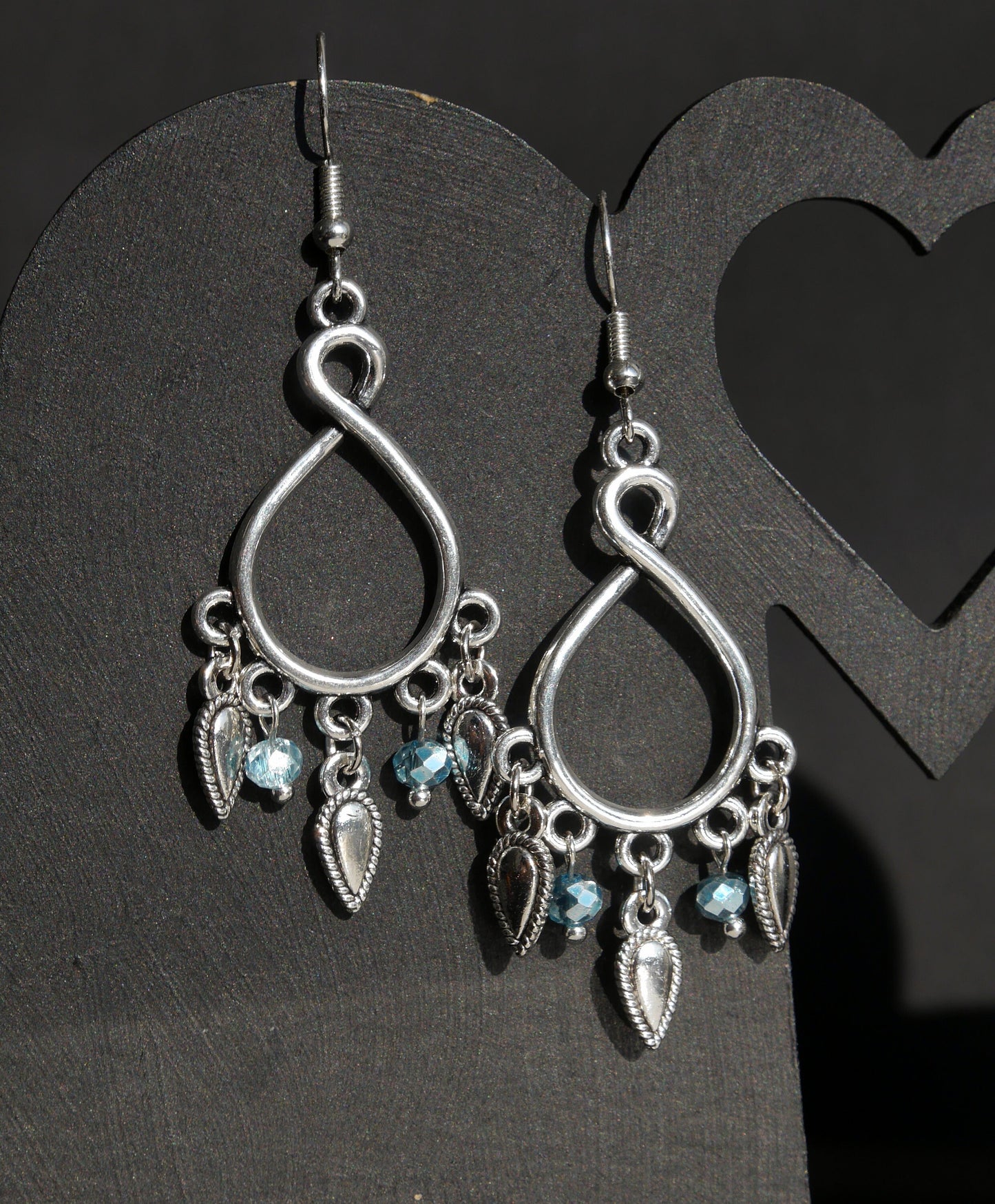 Silver and Blue Statement Dangle Filigree Earrings (Ear Hook, Stud and Clip On)