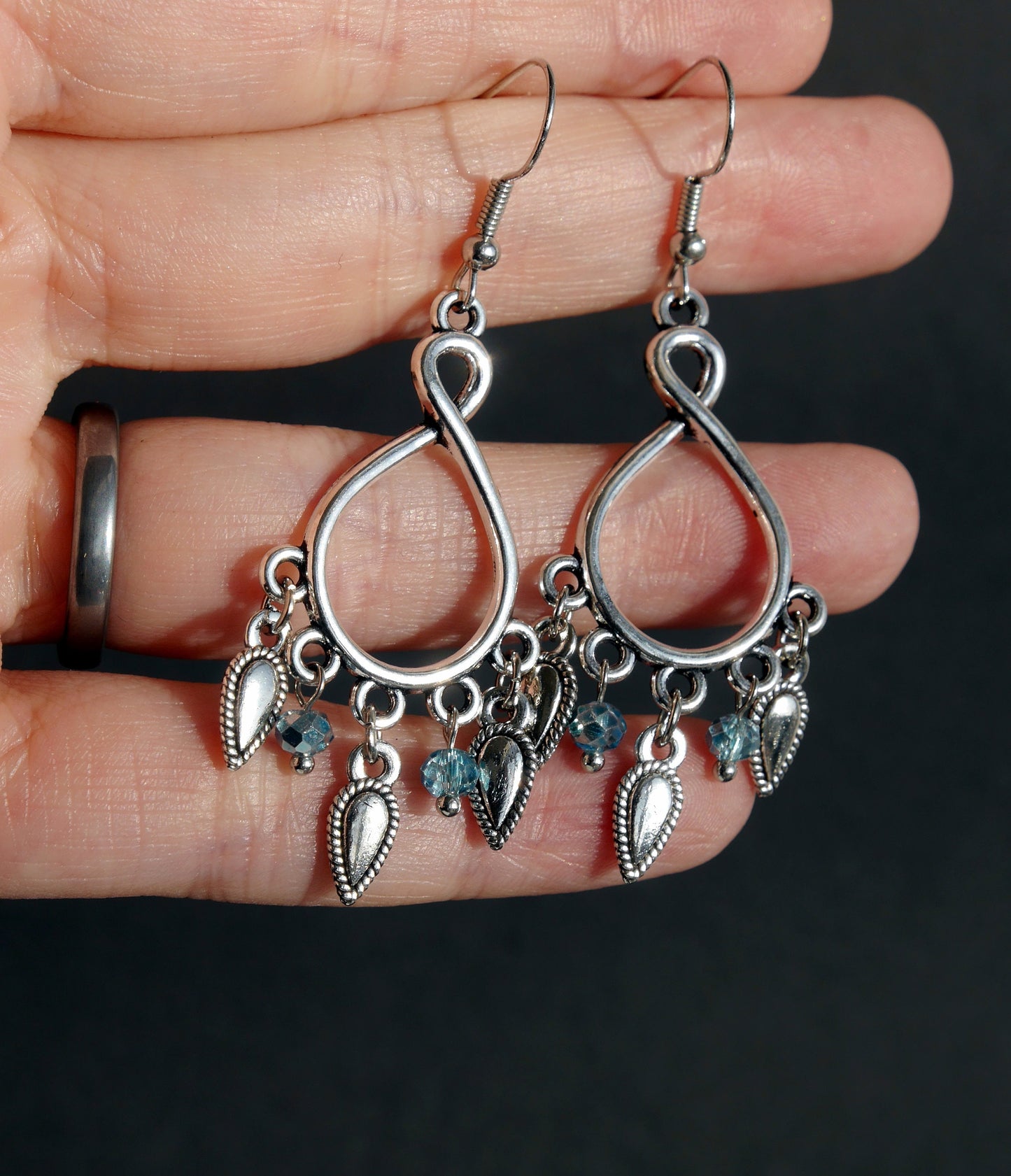 Silver and Blue Statement Dangle Filigree Earrings (Ear Hook, Stud and Clip On)