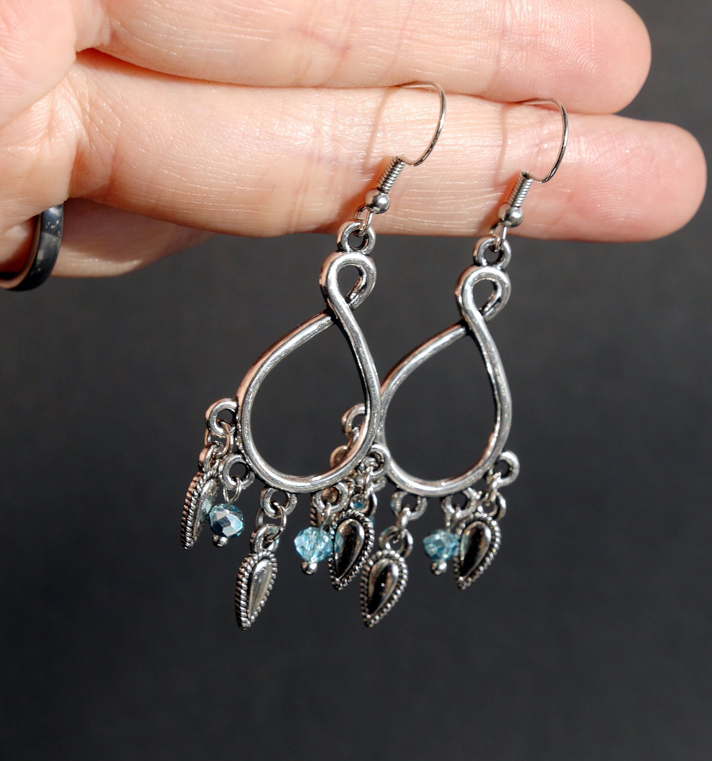 Silver and Blue Statement Dangle Filigree Earrings (Ear Hook, Stud and Clip On)