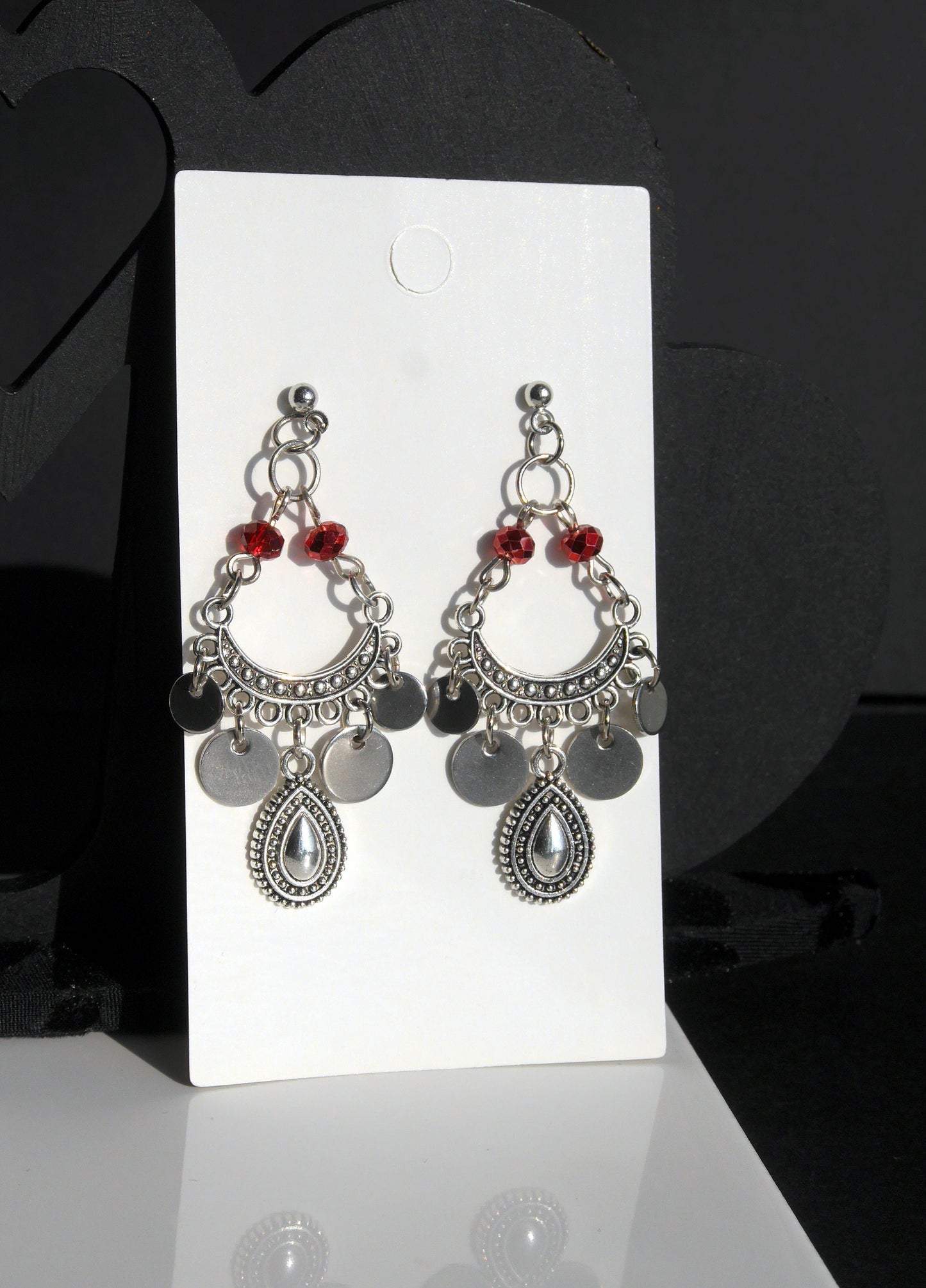 Silver and Red Tibetan Style Earrings (Ear Hook, Stud and Clip On)