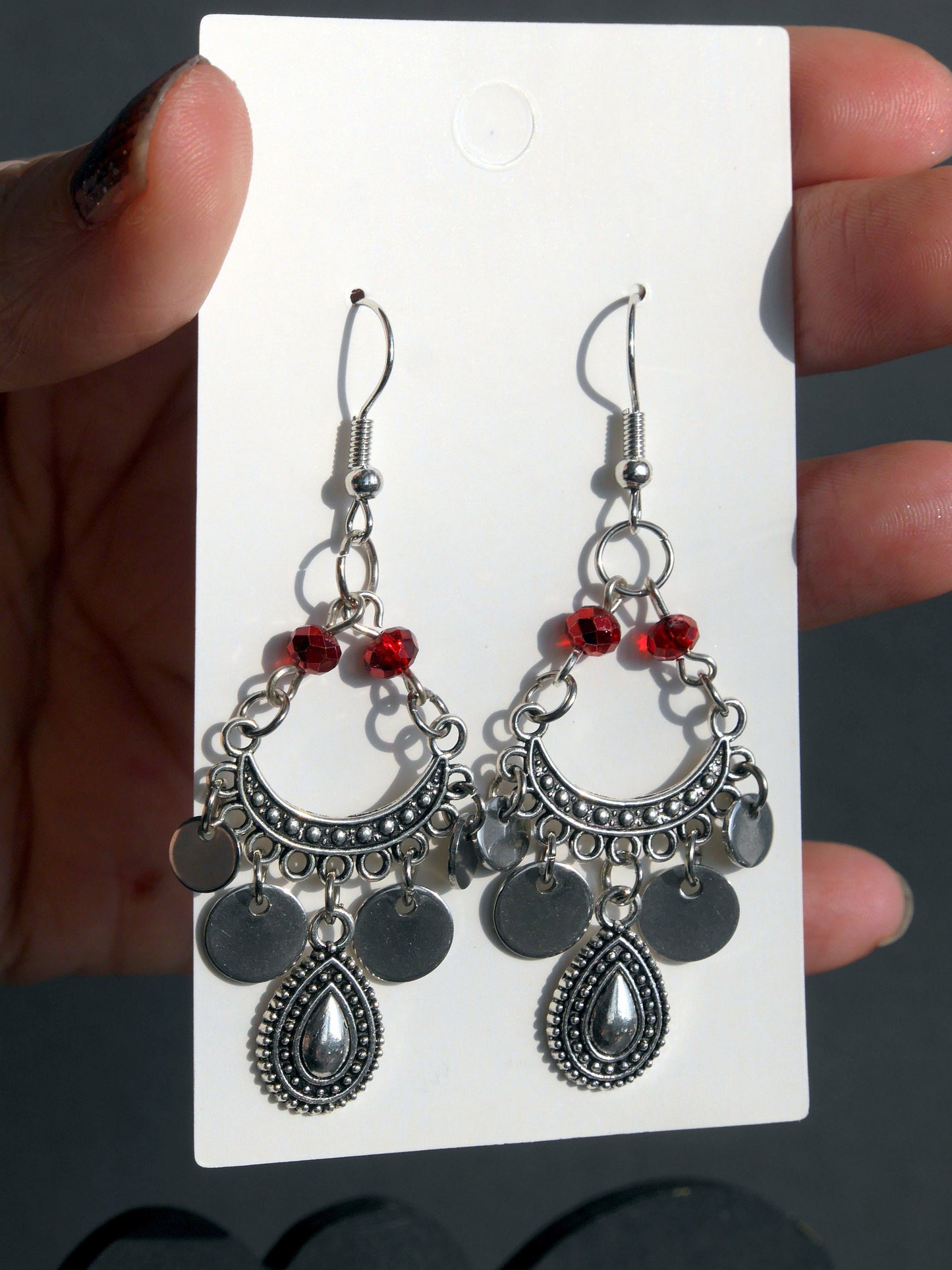 Silver and Red Tibetan Style Earrings (Ear Hook, Stud and Clip On)