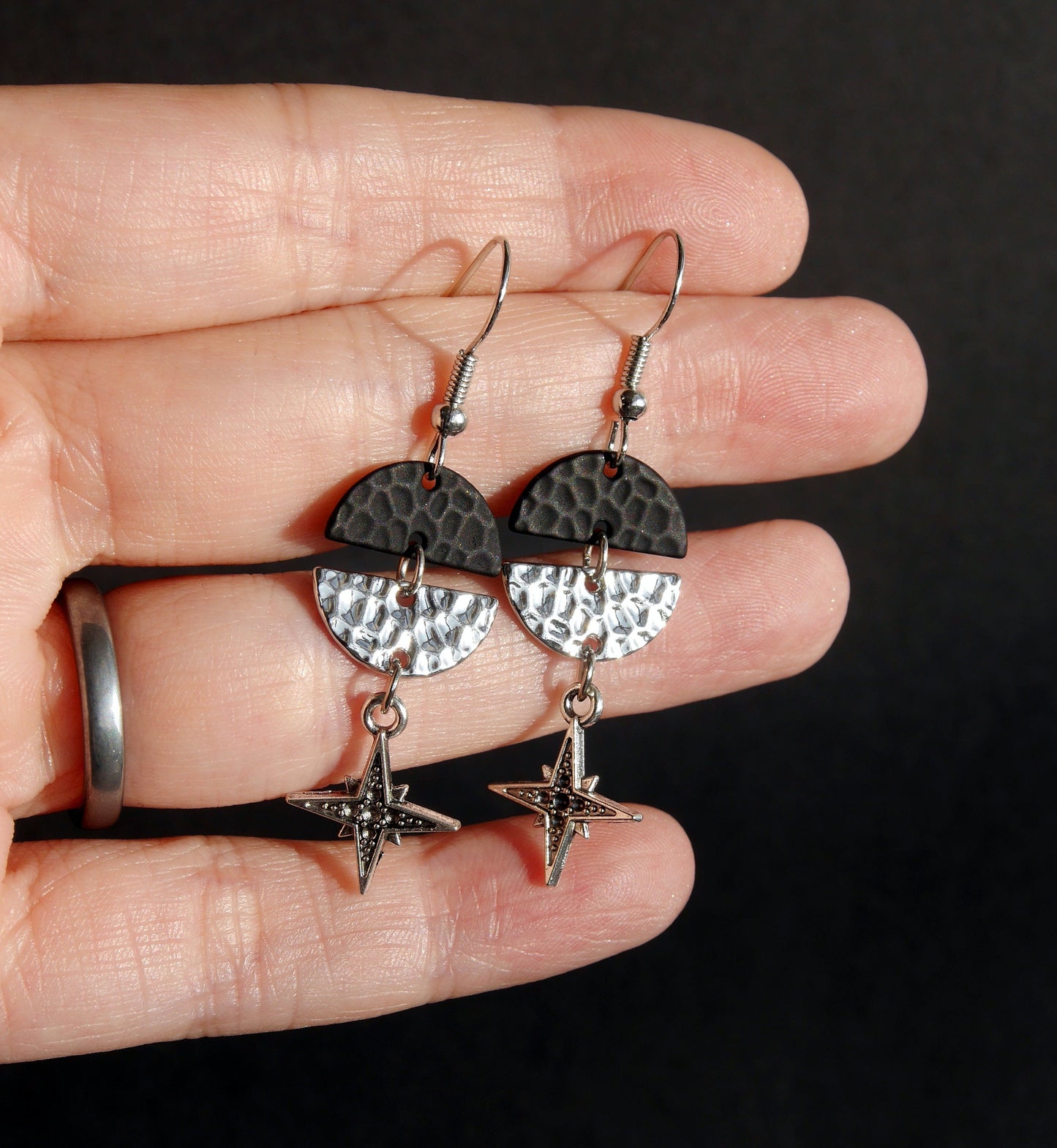 Black Silver North Star Filigree Dangle Earrings (Ear Hook, Stud or Clip On)