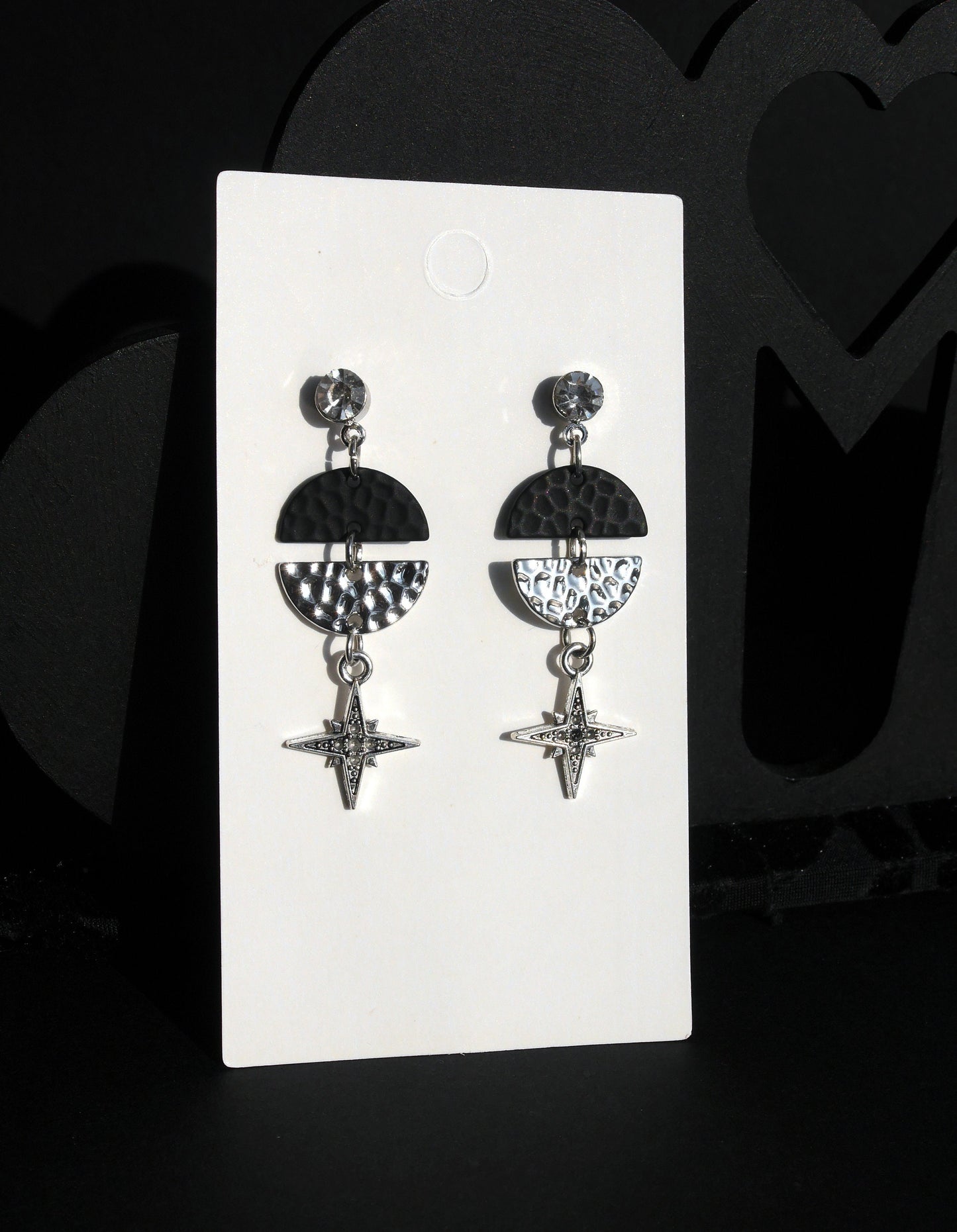 Black Silver North Star Filigree Dangle Earrings (Ear Hook, Stud or Clip On)