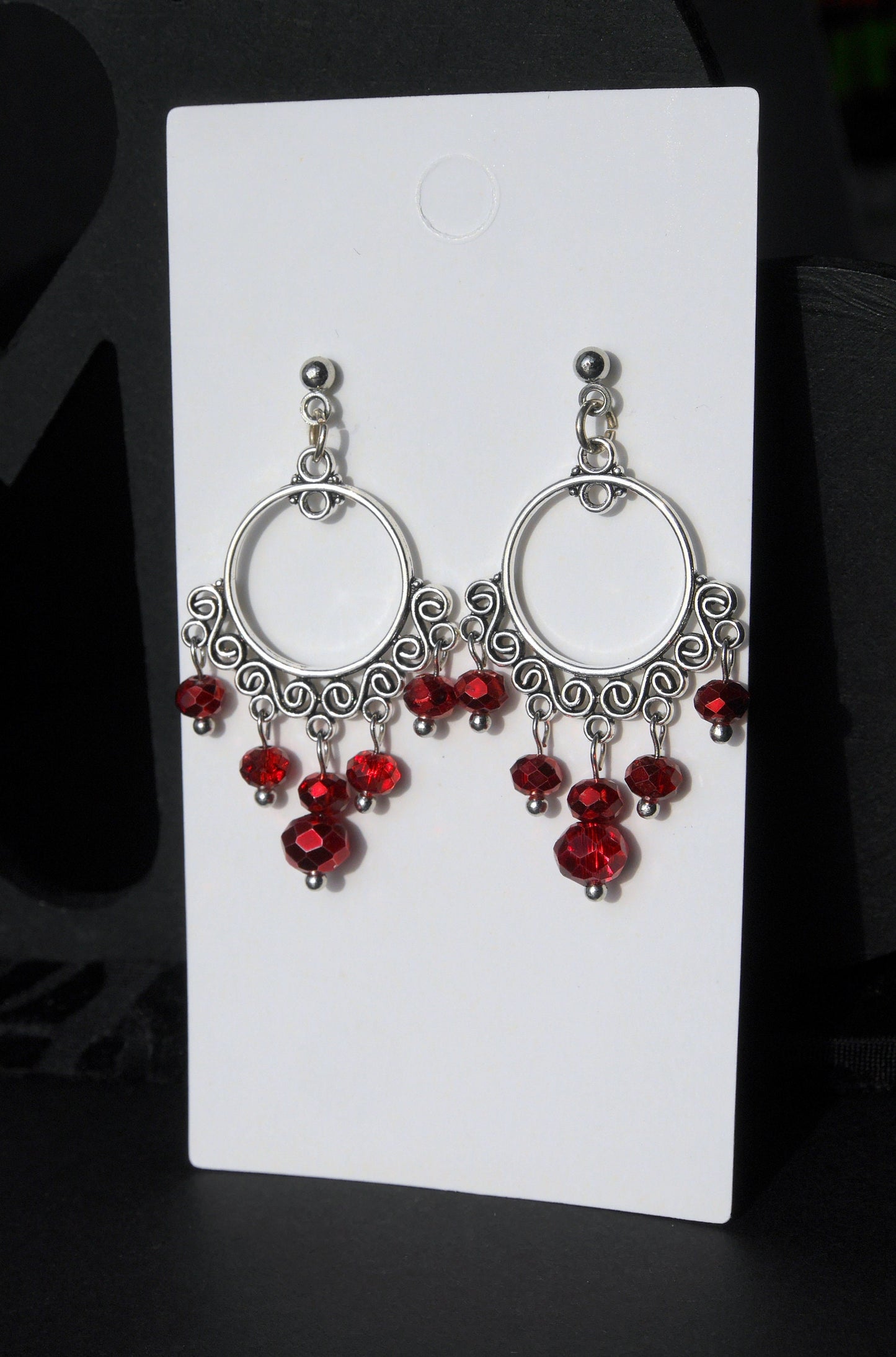 Silver and Red Filigree Earrings (Ear Hook, Stud and Clip On)