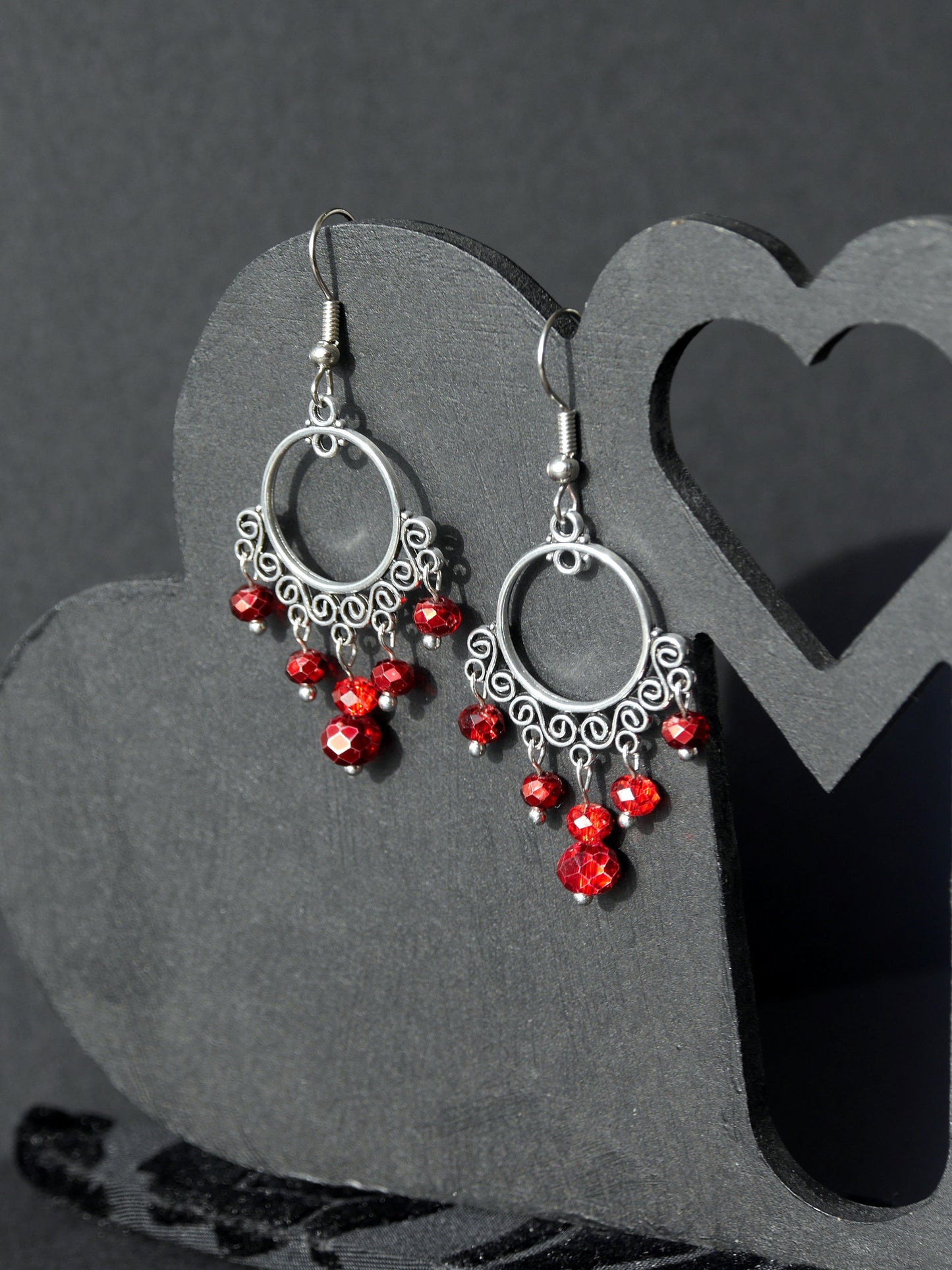 Silver and Red Filigree Earrings (Ear Hook, Stud and Clip On)