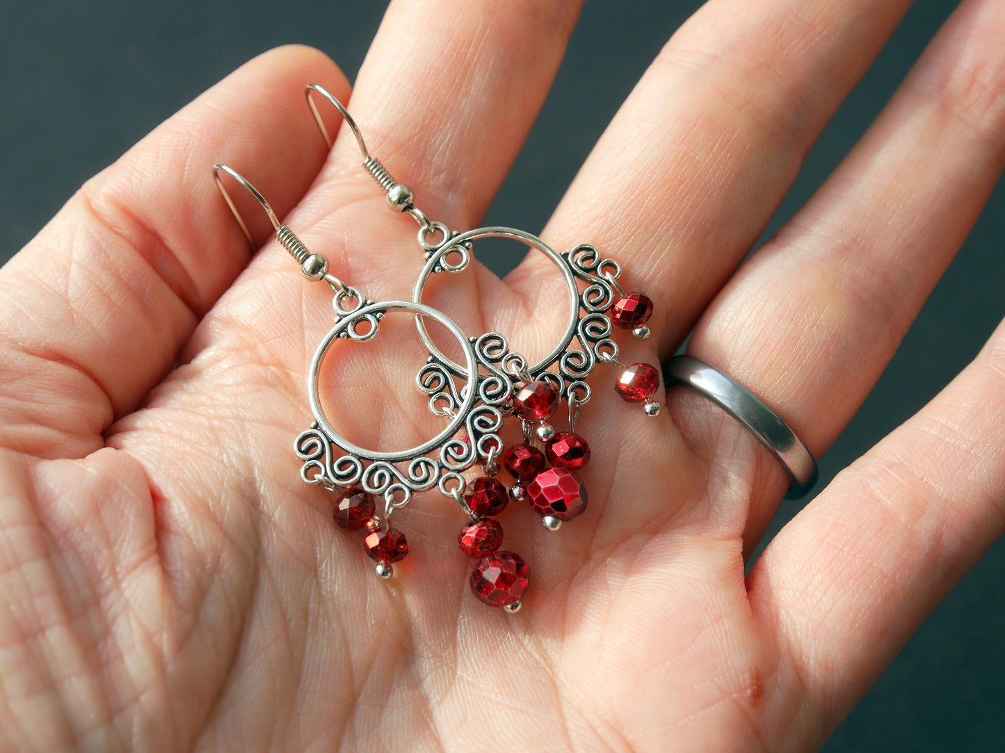 Silver and Red Filigree Earrings (Ear Hook, Stud and Clip On)