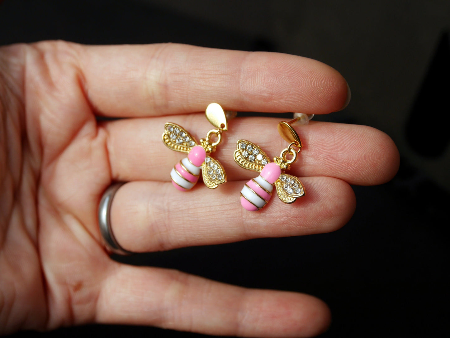 Stud Diamante Pink and Gold Honeybee Shaped Earrings
