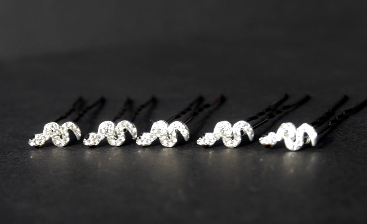 Mini Silver Snake Hair Grips, Snake Ballet Hair Pins, perfect for dancers, bridesmaids, to add a touch of gothic glam to wedding or prom hair.