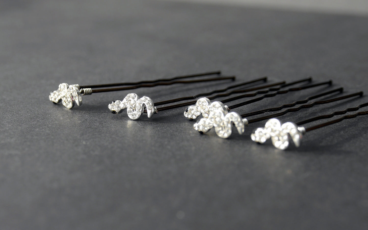 Mini Silver Snake Hair Grips, Snake Ballet Hair Pins, perfect for dancers, bridesmaids, to add a touch of gothic glam to wedding or prom hair.