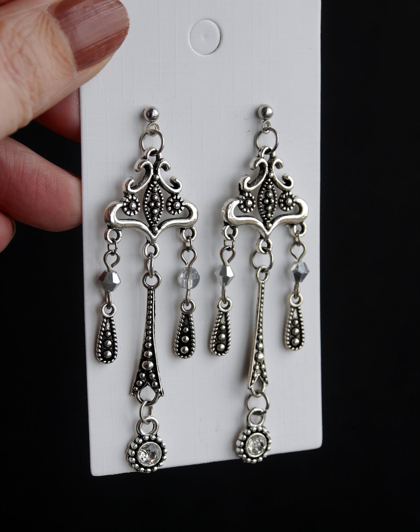 Long Silver Tone Statement Filigree Earrings (Ear Hook, Stud or Clip On)