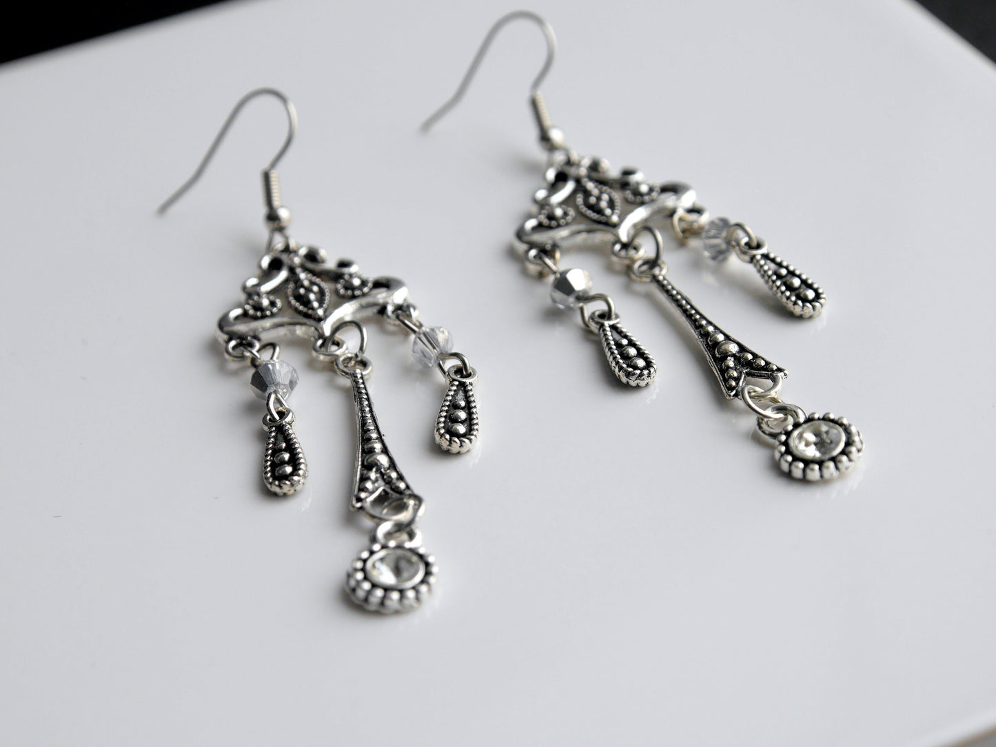 Long Silver Tone Statement Filigree Earrings (Ear Hook, Stud or Clip On)