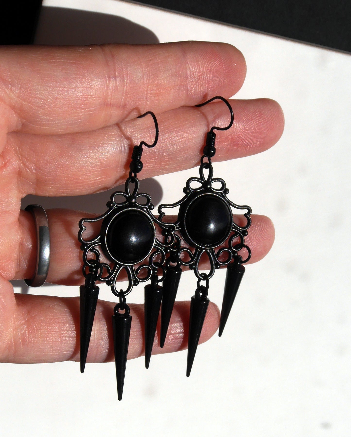 Gothic Black Spike Statement Filigree Earrings