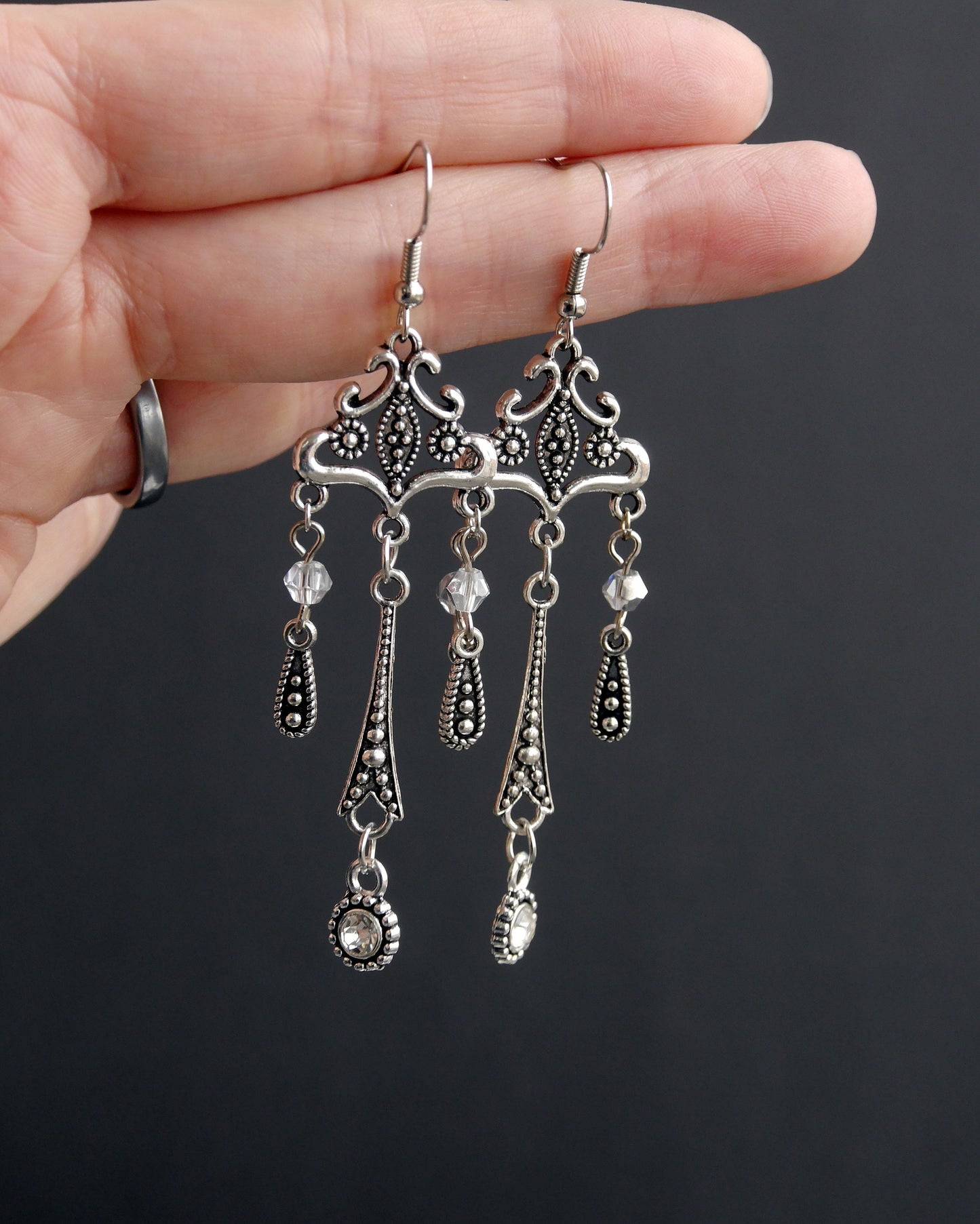 Long Silver Tone Statement Filigree Earrings (Ear Hook, Stud or Clip On)