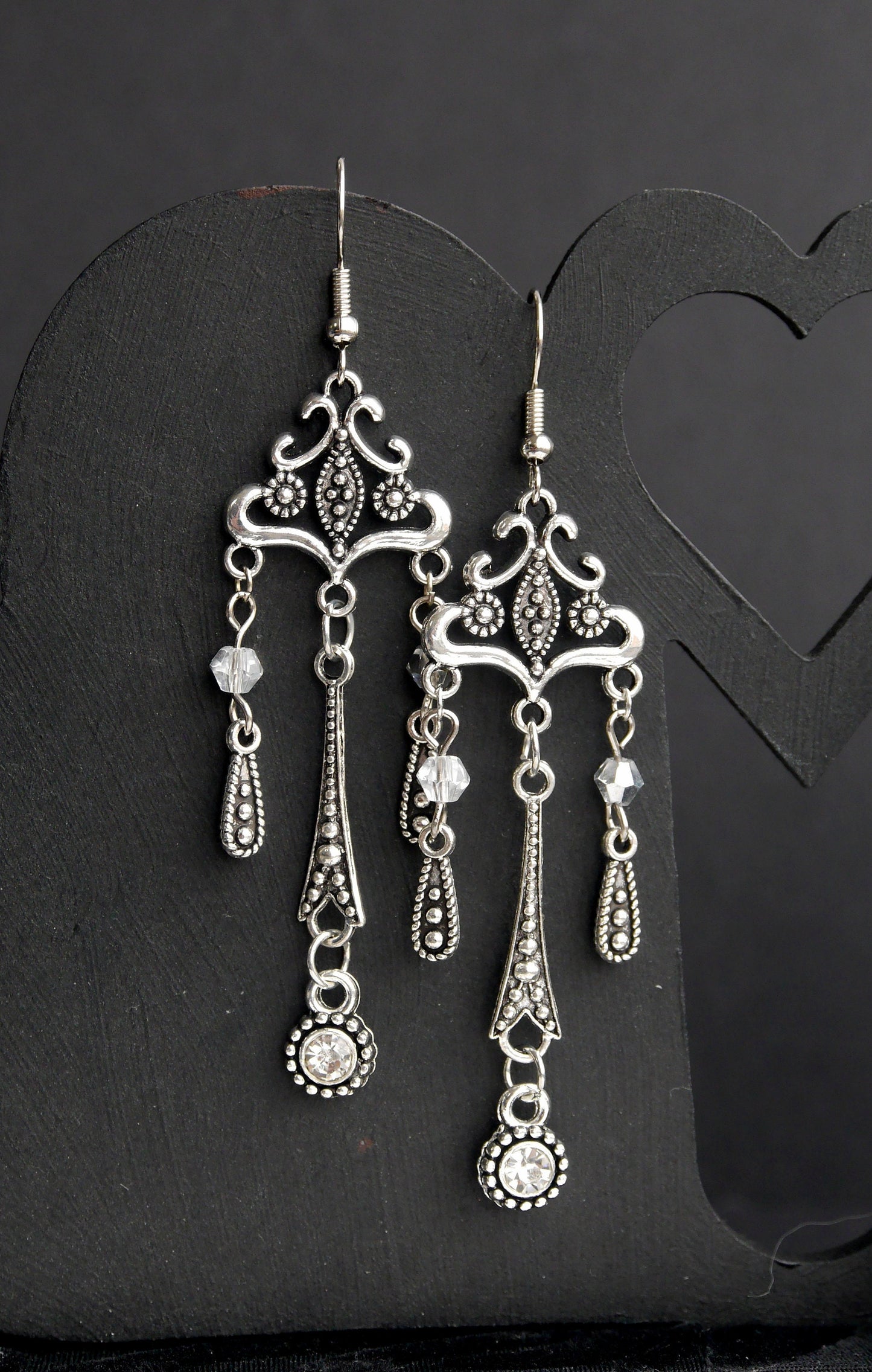 Long Silver Tone Statement Filigree Earrings (Ear Hook, Stud or Clip On)