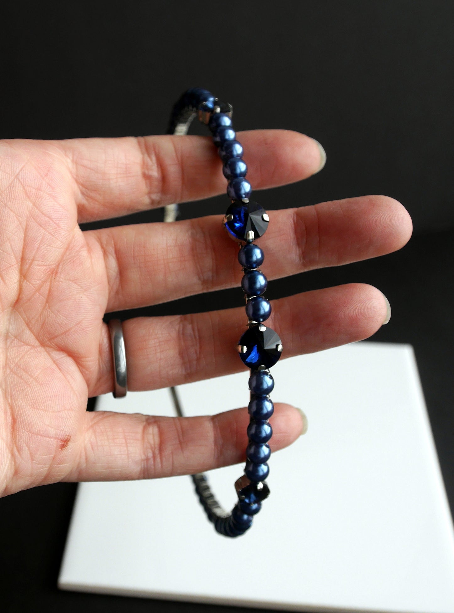 Dark Blue Pearl and Rhinestone Diamante Tiara Hair Accessory