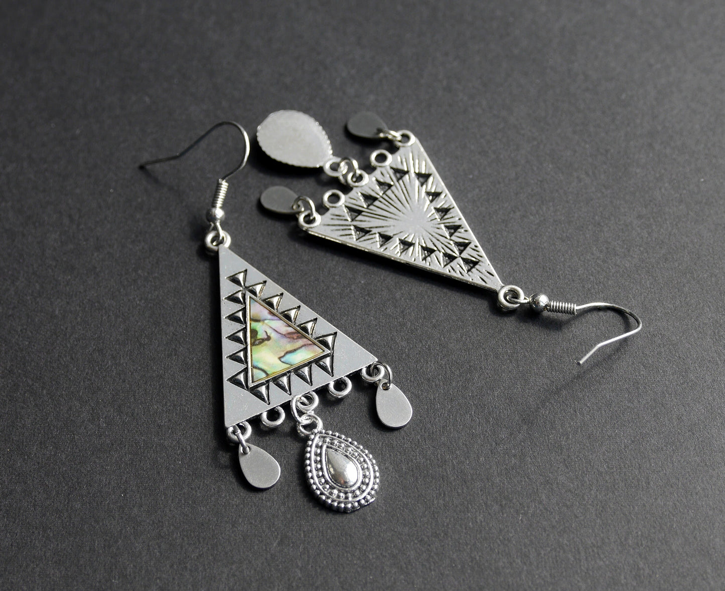 Silver and Mixed Green Colour Boho Statement Dangle Earrings (Ear Hook, Stud and Clip On)