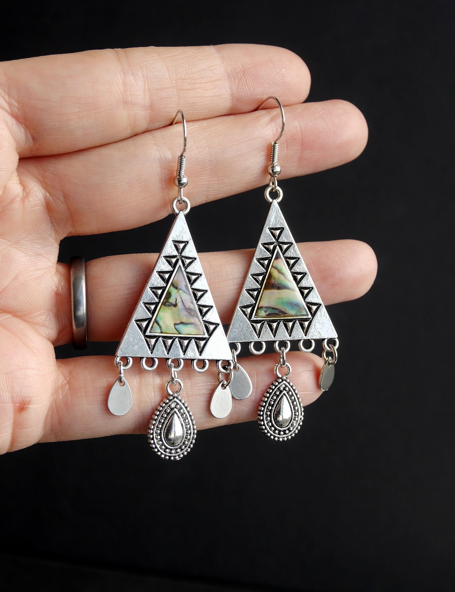 Silver and Mixed Green Colour Boho Statement Dangle Earrings (Ear Hook, Stud and Clip On)