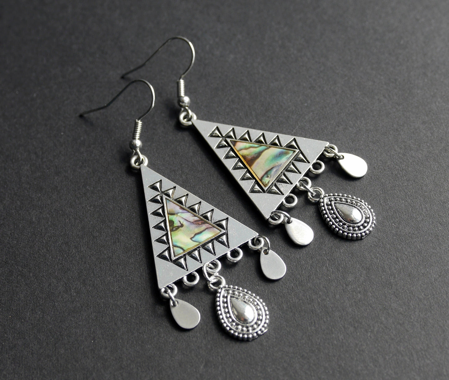 Silver and Mixed Green Colour Boho Statement Dangle Earrings (Ear Hook, Stud and Clip On)