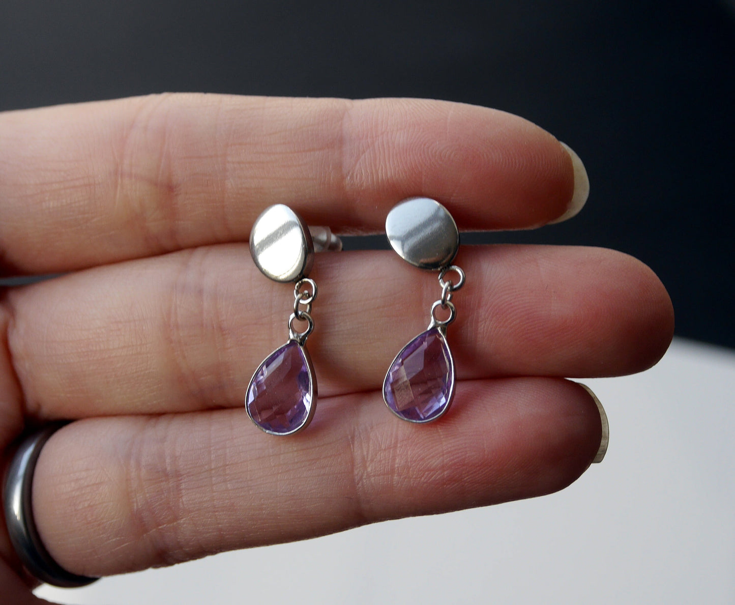 Silver Purple Stud Earrings