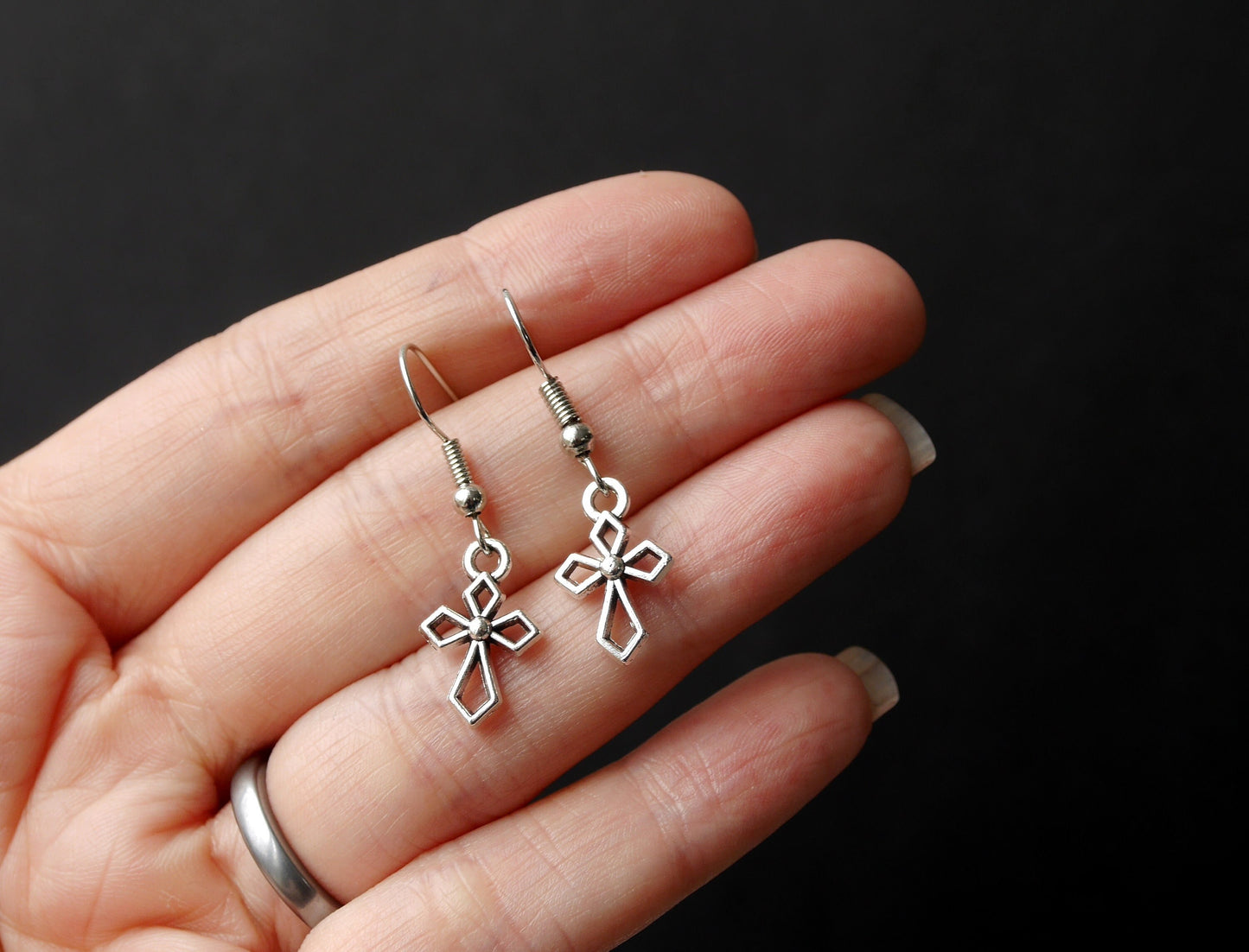 Silver Tone Holy Cross Shaped Earrings (Ear Hook, Stud or Clip On)
