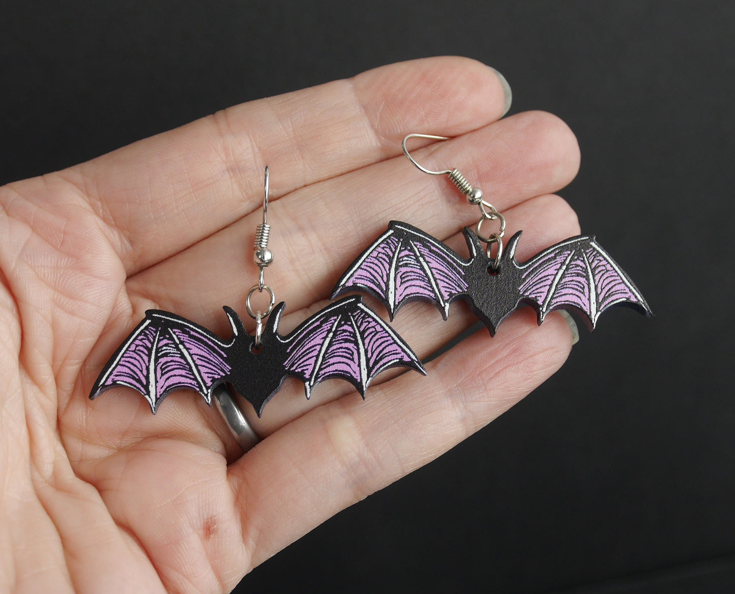 Whimsigoth Purple Bat Shaped Earrings (Ear Hook, Stud and Clip On)