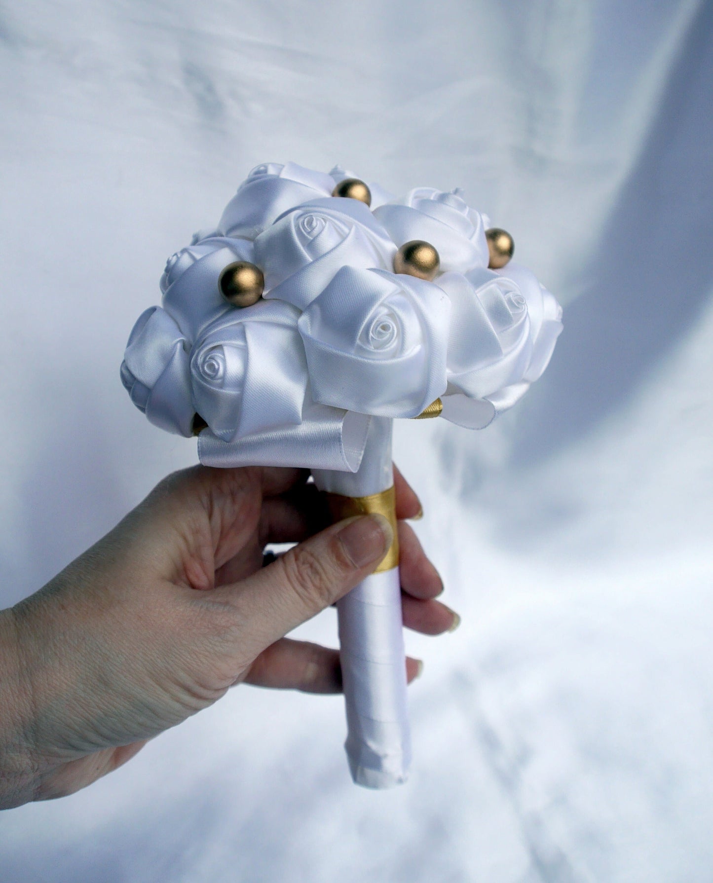 Brides White and Gold Colour Mini Satin Rose Floral Hand Bouquet