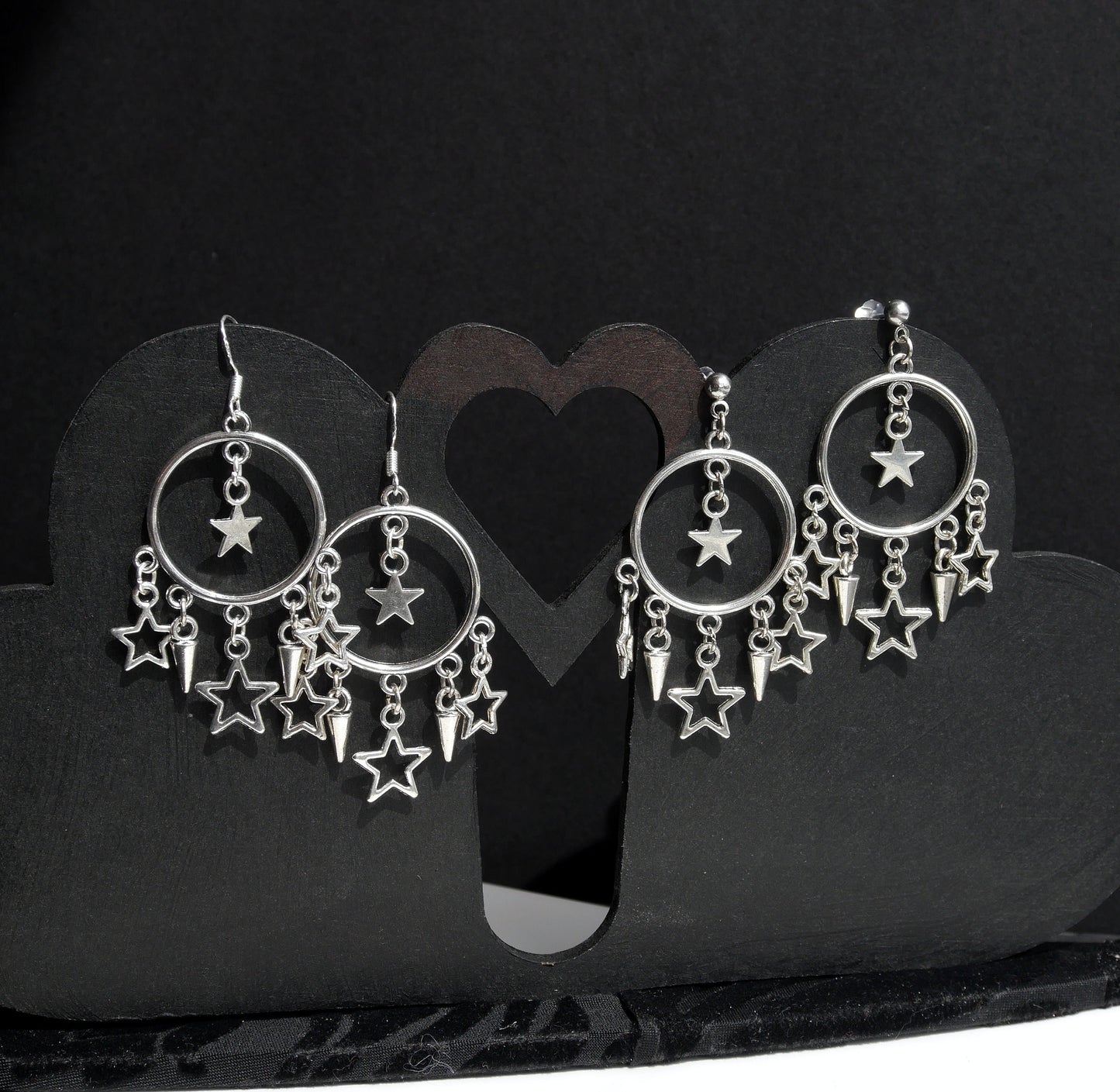 Silver Toned Hoop Stars and Spikes Style Earrings (Ear Hook, Stud and Clip On)