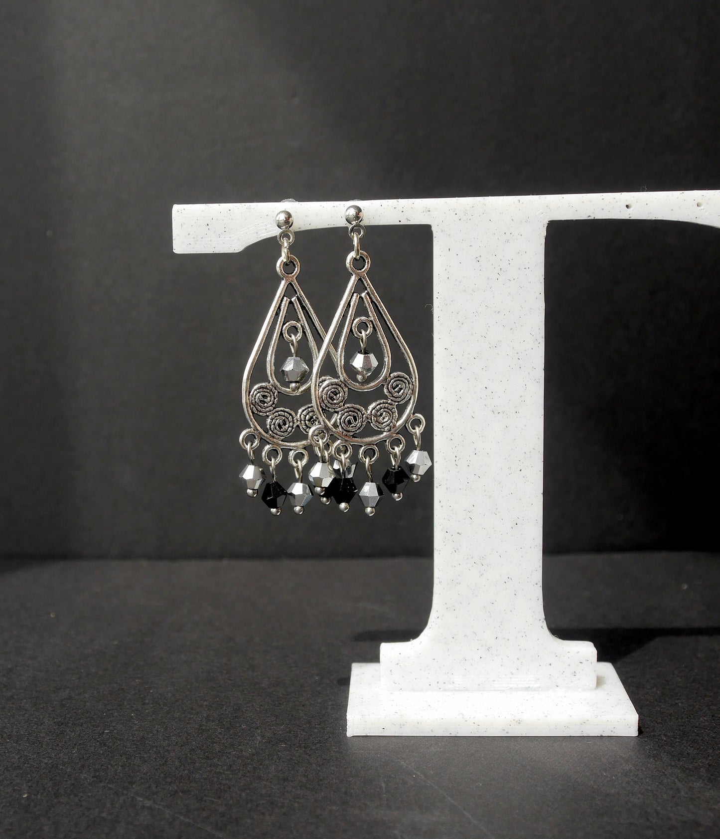Silver and Black Filigree Statement Earrings (Ear Hook, Stud or Clip On)