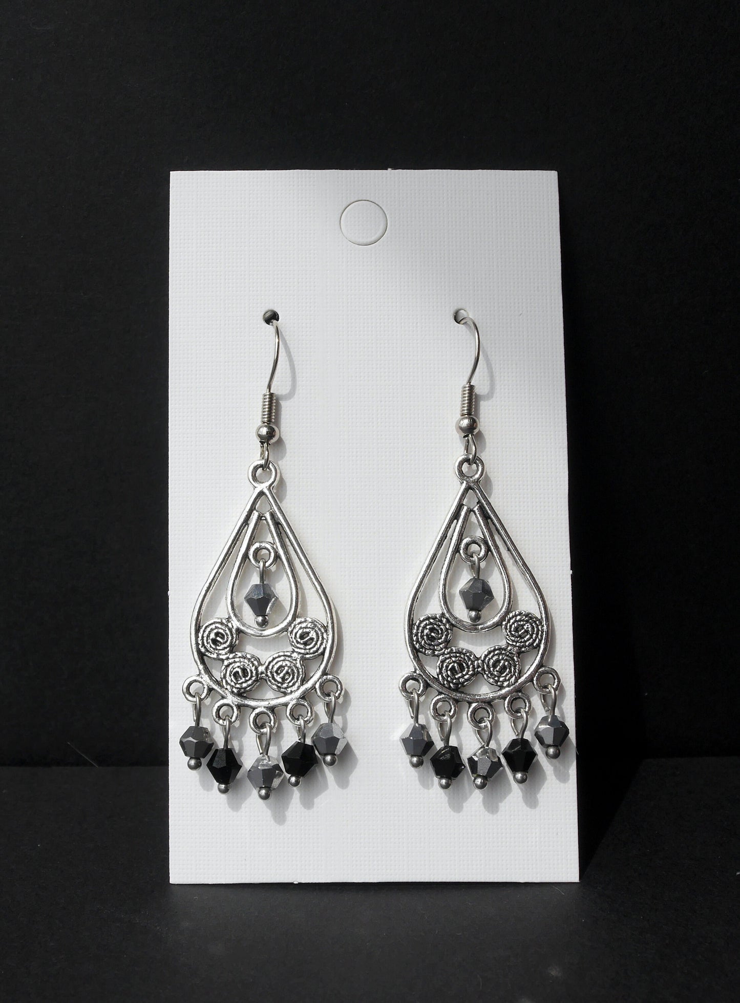 Silver and Black Filigree Statement Earrings (Ear Hook, Stud or Clip On)