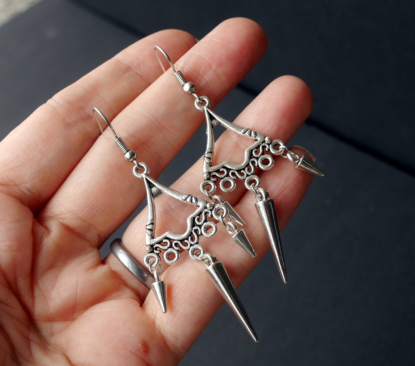 Silver Spike Filigree Earrings (Ear Stud, Hook and Clip On)