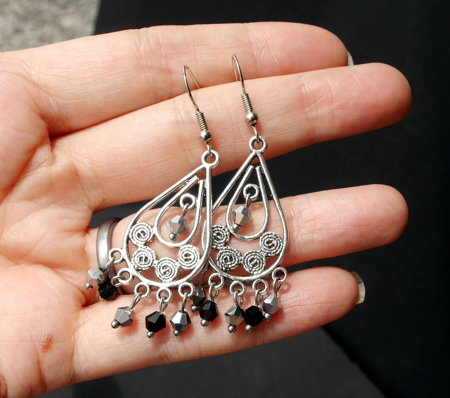 Silver and Black Filigree Statement Earrings (Ear Hook, Stud or Clip On)