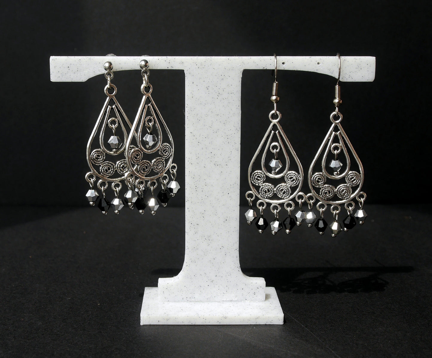 Silver and Black Filigree Statement Earrings (Ear Hook, Stud or Clip On)