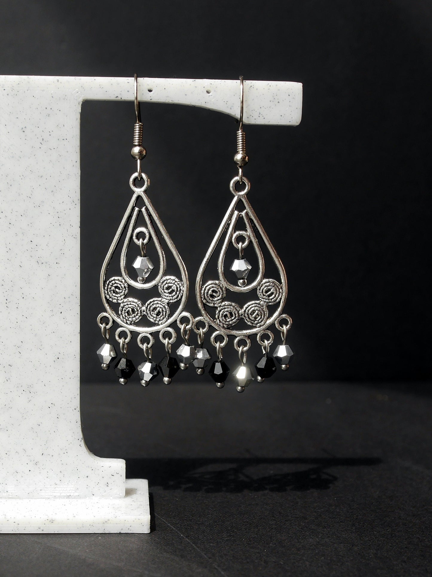 Silver and Black Filigree Statement Earrings (Ear Hook, Stud or Clip On)