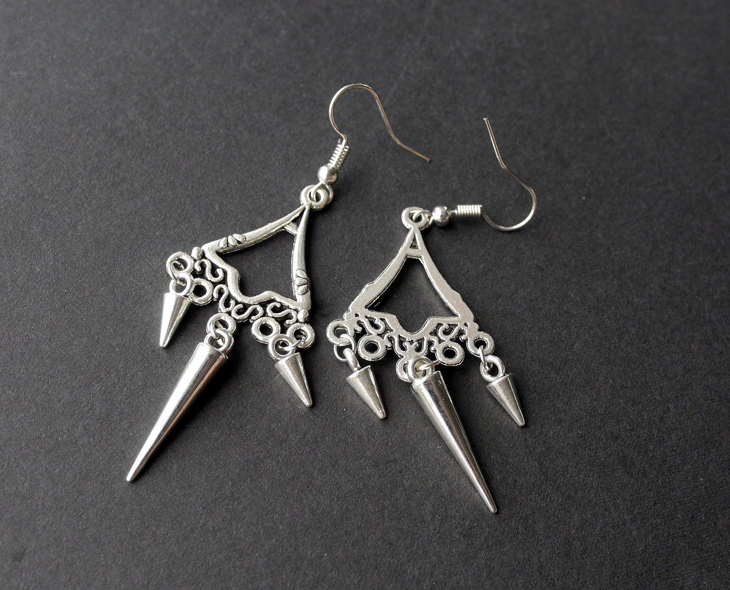 Silver Spike Filigree Earrings (Ear Stud, Hook and Clip On)