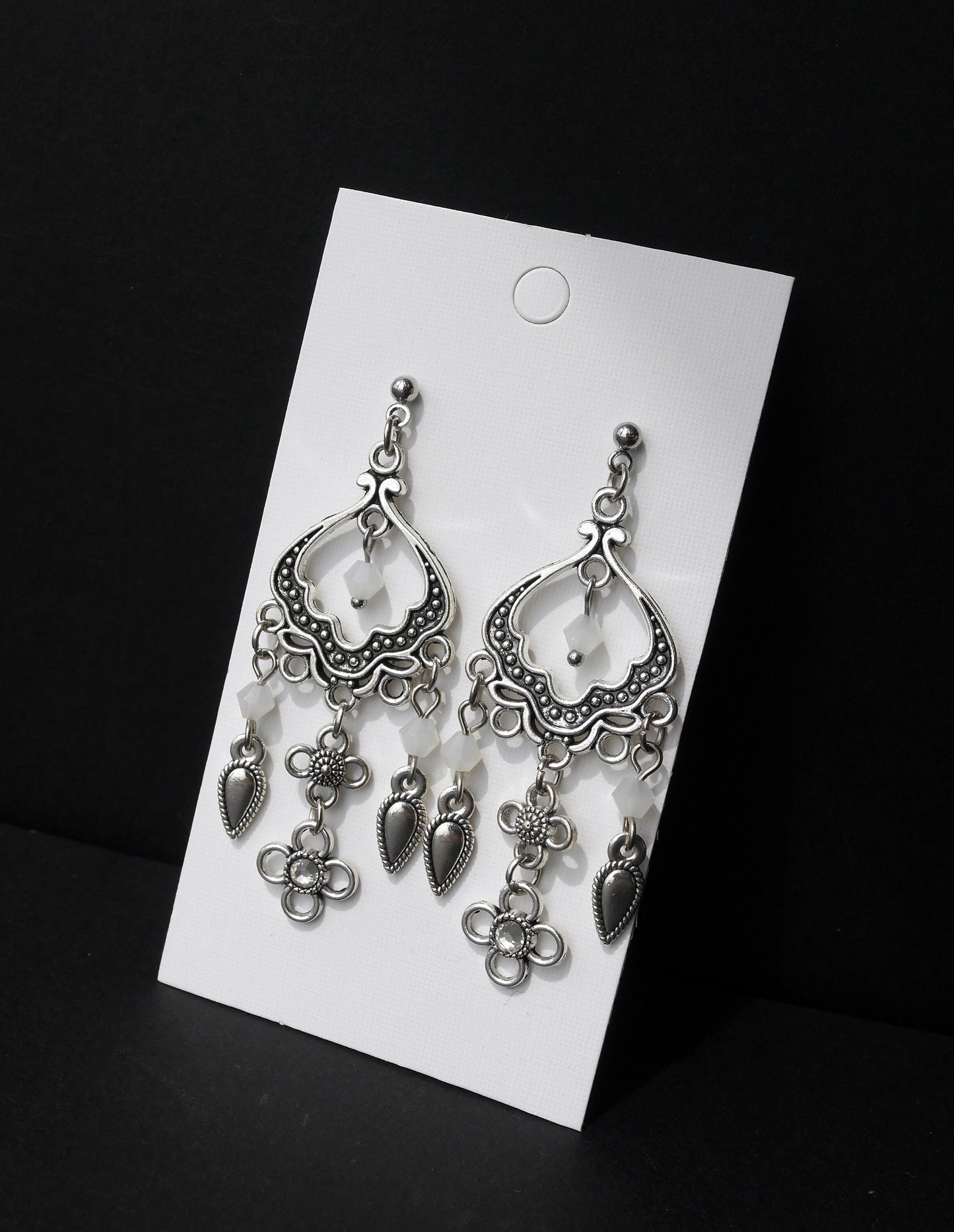 Silver and White Filigree Dangling Earrings (Ear Stud, Hook and Clip On)