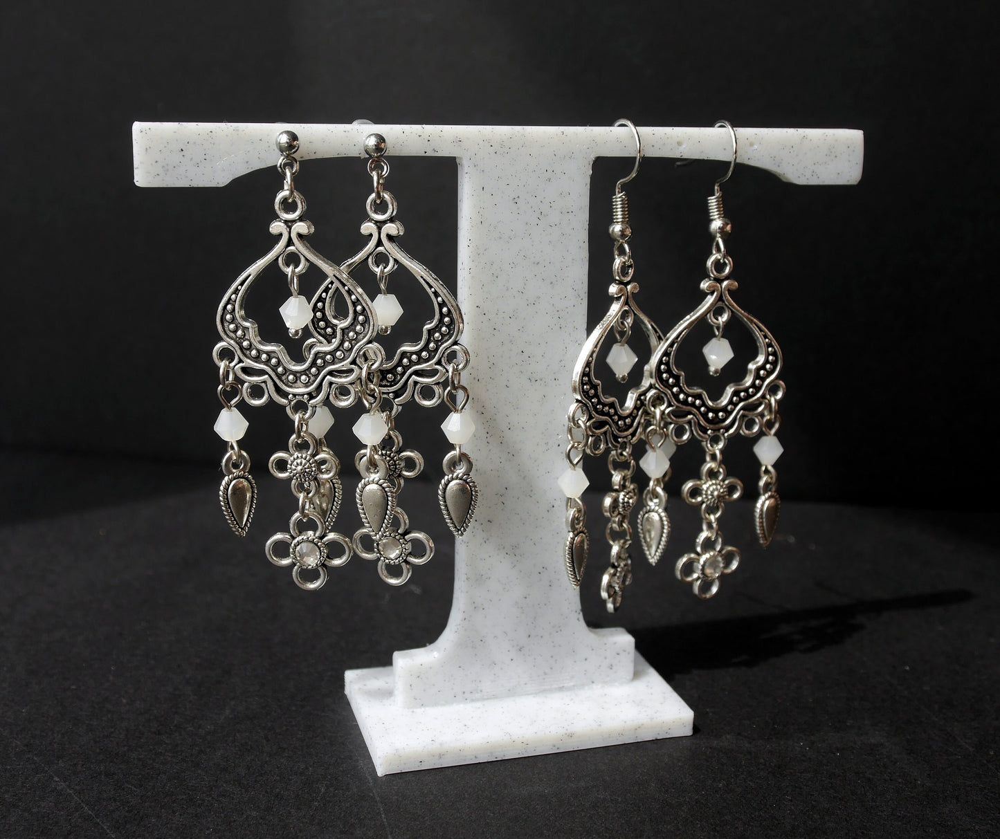Silver and White Filigree Dangling Earrings (Ear Stud, Hook and Clip On)