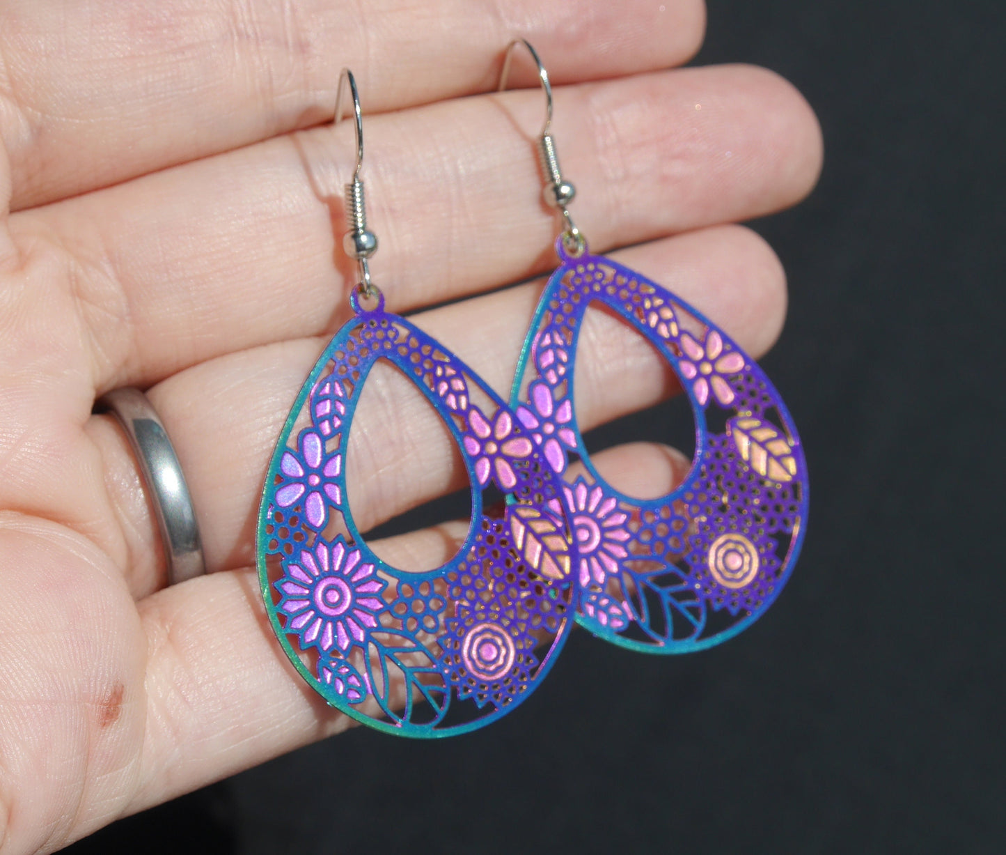 Colourful Iridescent Teardrop Filigree Statement Earrings (Ear Hook, Stud and Clip On)