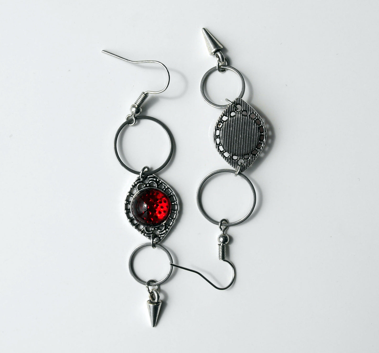 Silver and Red Dangle Filigree Earrings (Ear Hook, Stud and Clip On)