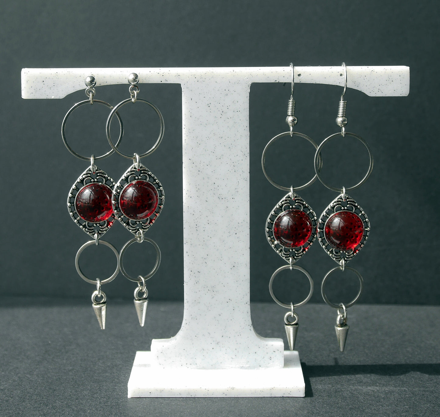 Silver and Red Dangle Filigree Earrings (Ear Hook, Stud and Clip On)