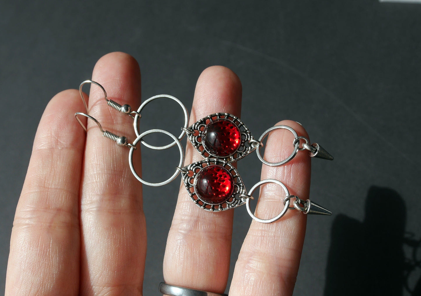 Silver and Red Dangle Filigree Earrings (Ear Hook, Stud and Clip On)