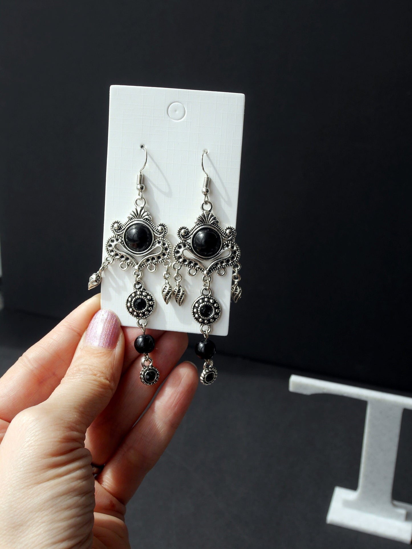 Silver and Black Long Filigree Statement Earrings (Ear Hook, Stud or Clip On)