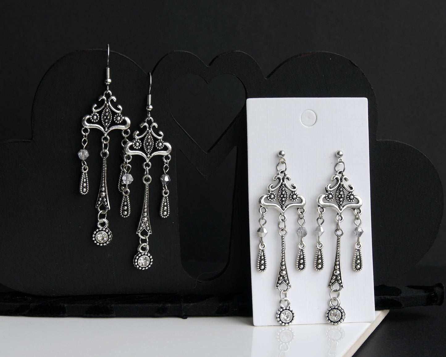 Long Silver Tone Statement Filigree Earrings (Ear Hook, Stud or Clip On)