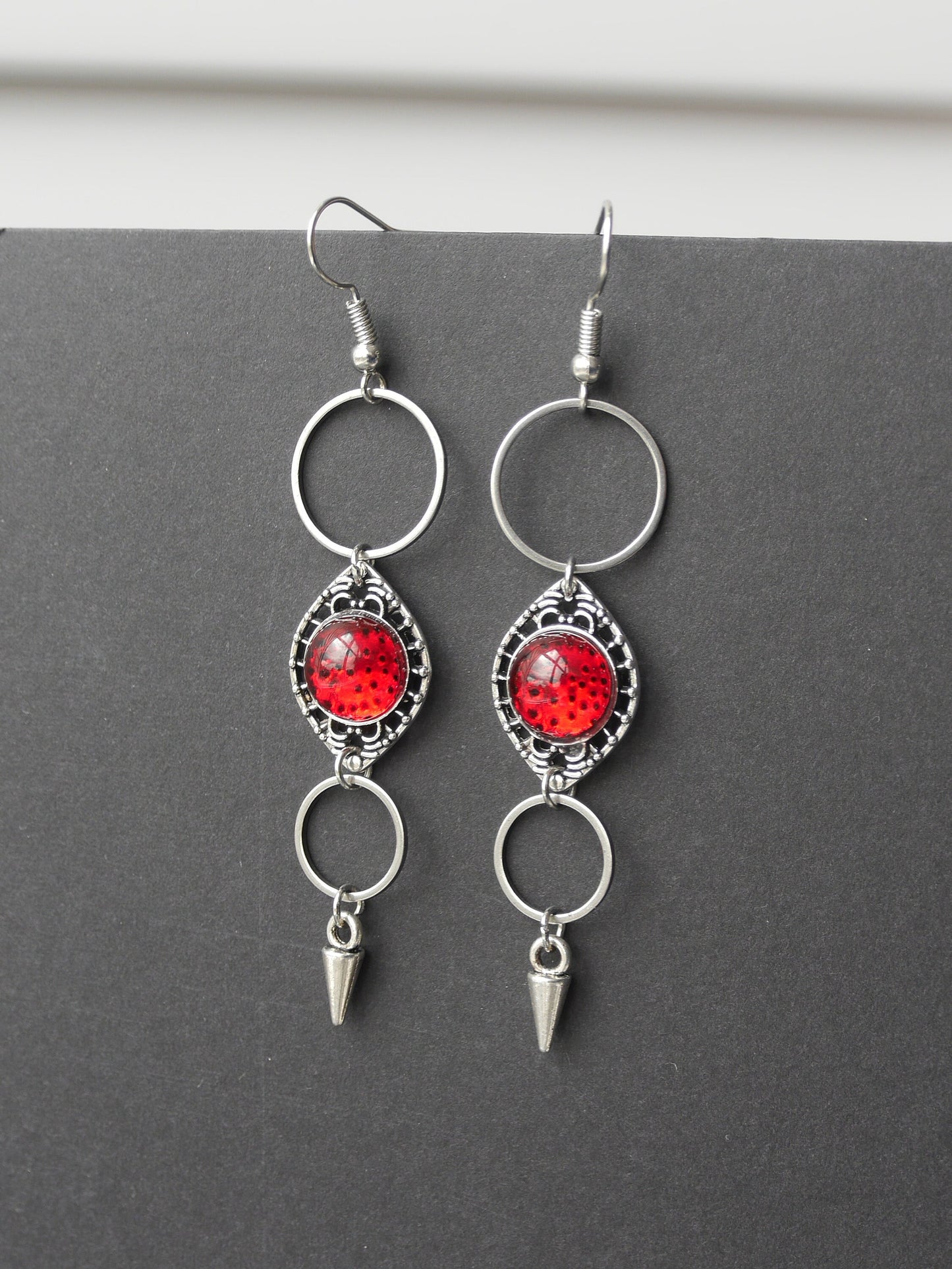 Silver and Red Dangle Filigree Earrings (Ear Hook, Stud and Clip On)