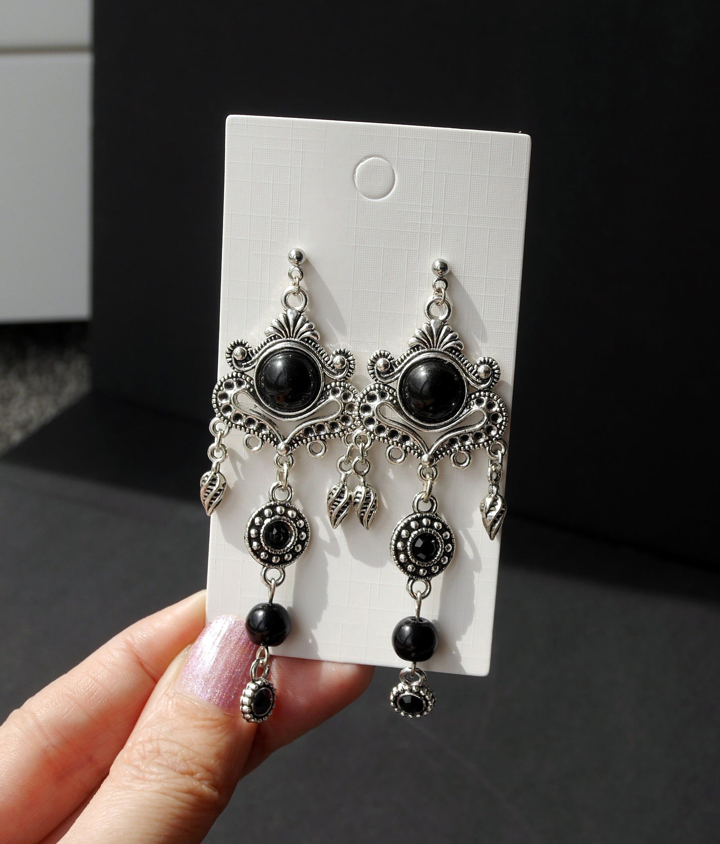 Silver and Black Long Filigree Statement Earrings (Ear Hook, Stud or Clip On)
