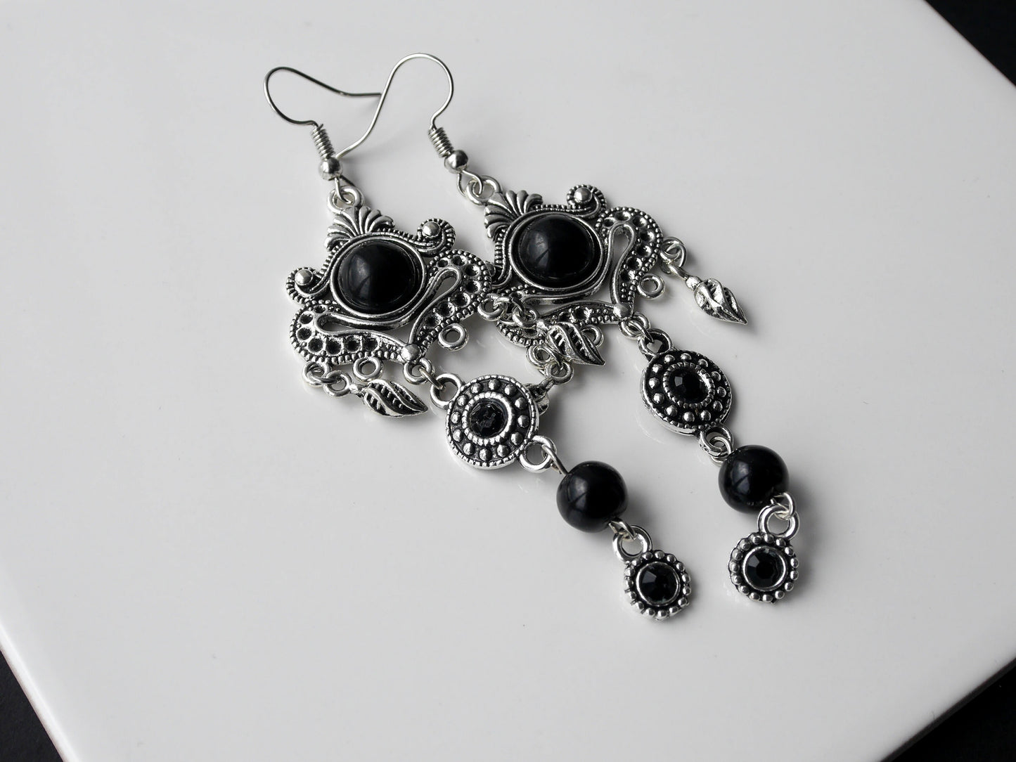 Silver and Black Long Filigree Statement Earrings (Ear Hook, Stud or Clip On)